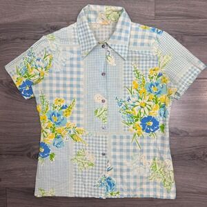 VTG Patchwork Gingham Floral Print Button Up Shirt Women's Est Sz L White FLAWED